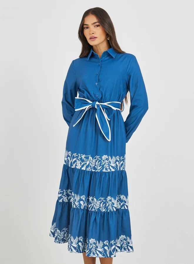 Styli Styli Printed Long Sleeves Tiered Midi Dress with Belt