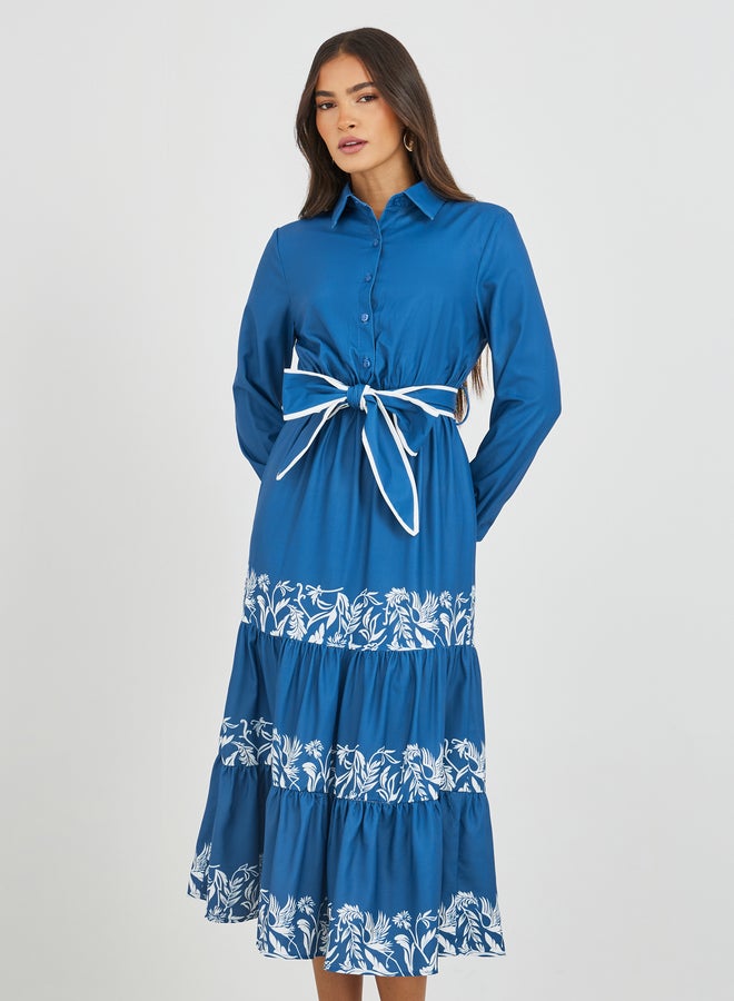 Styli Printed Long Sleeves Tiered Midi Dress with Belt - Image 3
