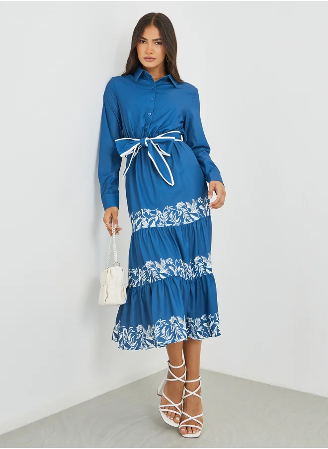 Styli Styli Printed Long Sleeves Tiered Midi Dress with Belt
