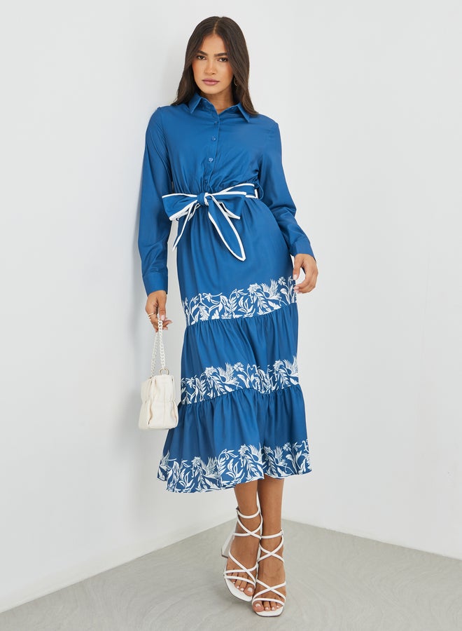 Styli Printed Long Sleeves Tiered Midi Dress with Belt - Image 1