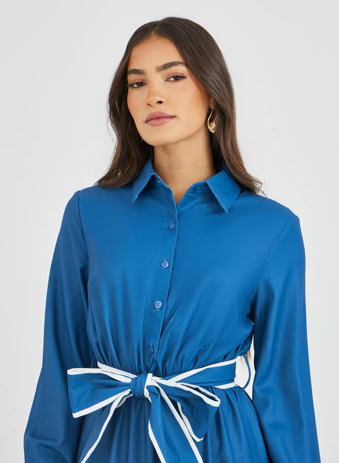 Styli Styli Printed Long Sleeves Tiered Midi Dress with Belt