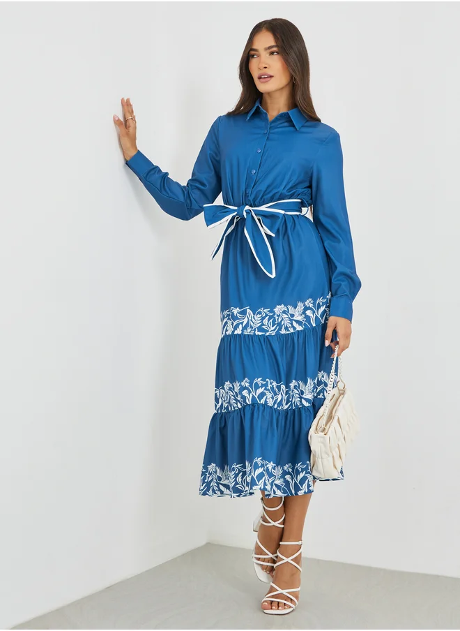 Styli Styli Printed Long Sleeves Tiered Midi Dress with Belt