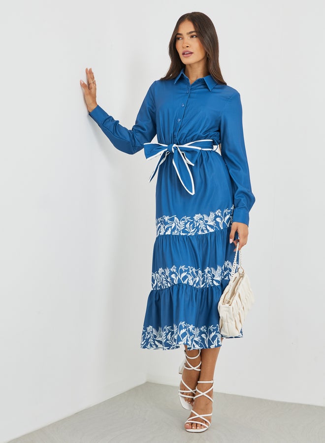 Styli Printed Long Sleeves Tiered Midi Dress with Belt - Image 2