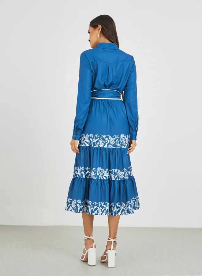 Styli Styli Printed Long Sleeves Tiered Midi Dress with Belt