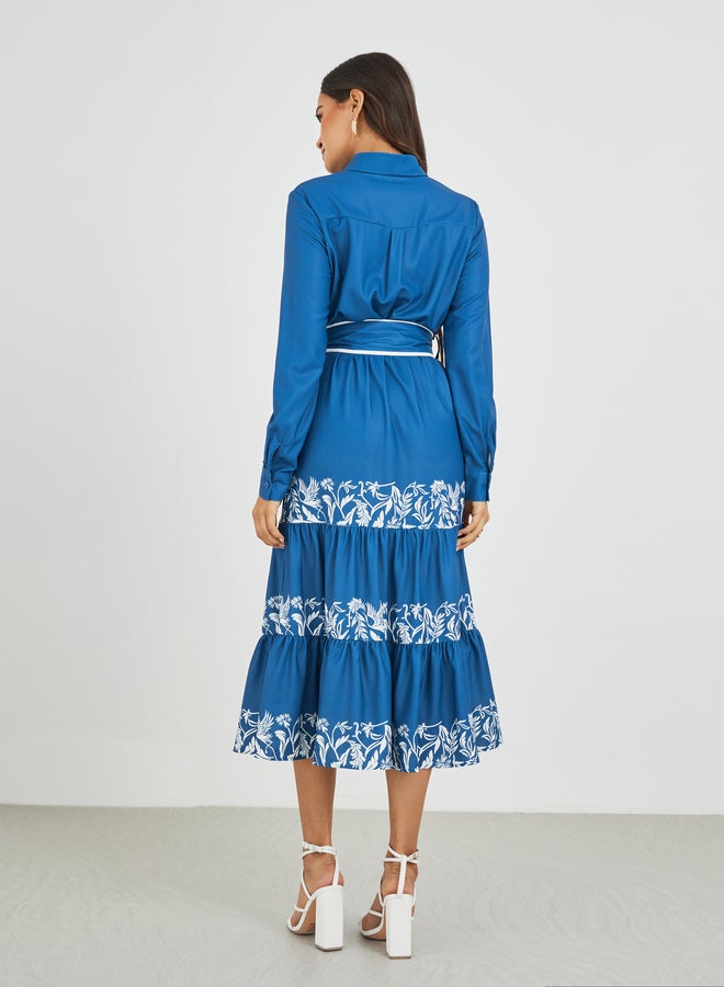 Styli Printed Long Sleeves Tiered Midi Dress with Belt - Image 5