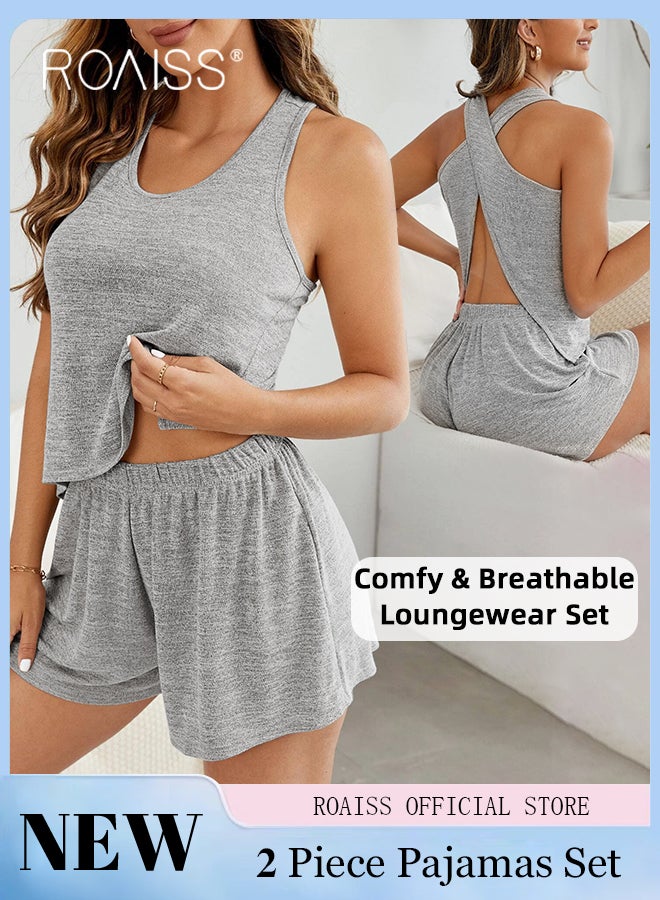 رويس طقم بيجامة صيفي من قطعتين للنساء، طقم ملابس منزلية مريح للبشرة مع قميص قصير بأشرطة متقاطعة على الرقبة وشورت بخصر مطاطي، طقم قميص بلا أكمام وسروال قصير، مثالي للنوم أو الاسترخاء في المنزل - Image 1