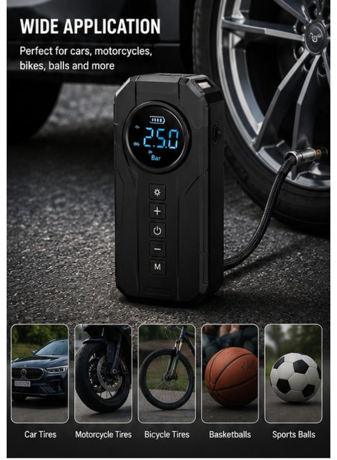 150 PSI Portable Cordless Air Compressor – Digital Tire Inflator with LED Display – Rechargeable Air Pump for Car, Motorcycle, Bicycle Tires & Balls – Auto Shut-Off – LED Emergency Light - Image 4