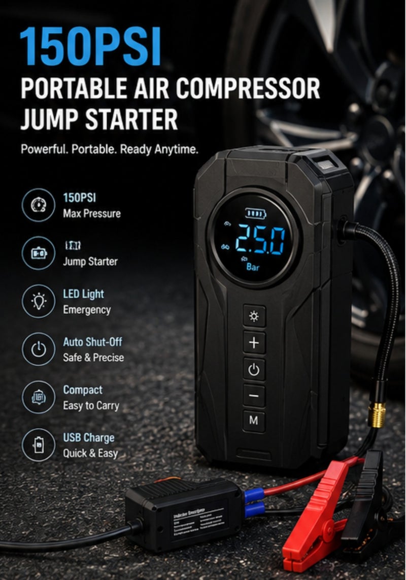 150 PSI Portable Cordless Air Compressor – Digital Tire Inflator with LED Display – Rechargeable Air Pump for Car, Motorcycle, Bicycle Tires & Balls – Auto Shut-Off – LED Emergency Light - Image 1