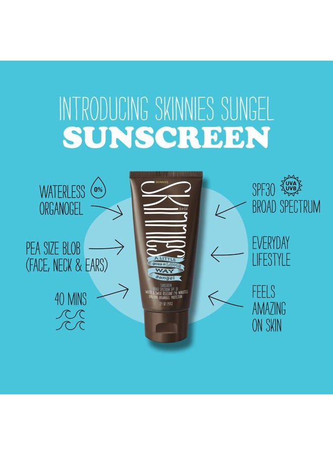 Skinnies Sungel New Formula SPF30 Eco Sunscreen, 3.4oz UVA UVB, Not Diluted With Water, Reef Safe, Vegan, Use Pea Size Blob - Image 3