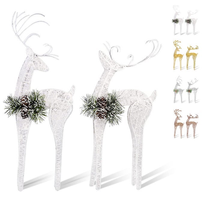 2PC SET WHITE PINECONE RATTAN THREAD STRING CHRISTMAS REINDEER FIGURINE TABLE DESK DECORATIONS GLITTERING XMAS HOLIDAY PARTY SUPPLY