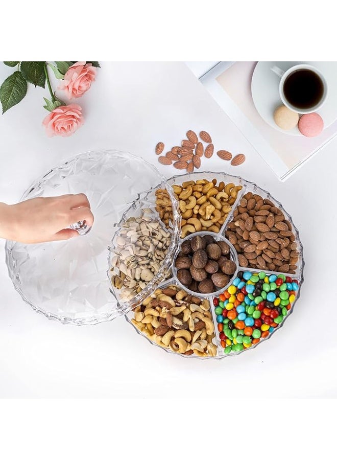 ZOOFOX Snack Serving Tray, 12" Appetizer Tray with Lid, 6 Compartments Round Plastic Food Storage Organizer for Dried Fruits, Nuts, Candies, Sweet Cookies and Fruits (Clear) - Image 2