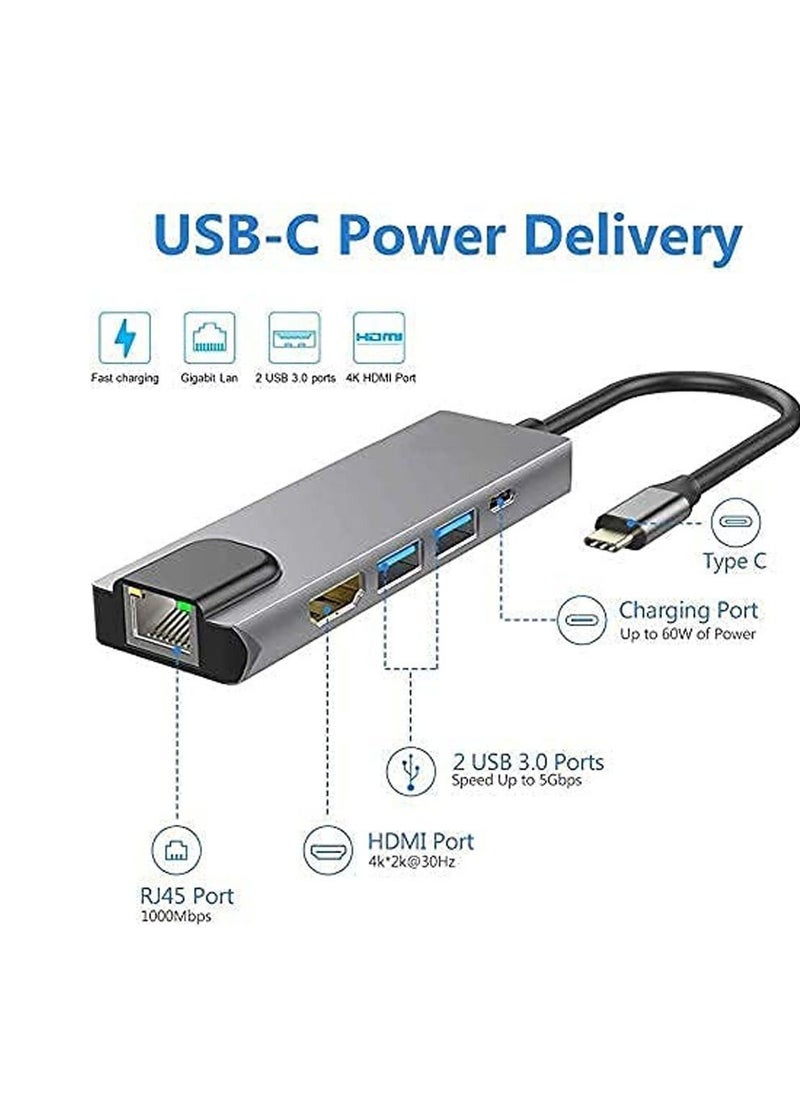 Generic - USB C Hub,Type C Hub,10/100Mbps Aluminum USB Ethernet Adapter with RJ45 Network LAN Port and 5 USB 2.0 Ports for PC, MacBook, Mac Pro, Mac Surface Pro, XPS, PC (5 in 1 USB C HUB+RJ45) - Image 1