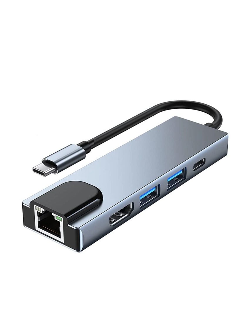 Generic - USB C Hub,Type C Hub,10/100Mbps Aluminum USB Ethernet Adapter with RJ45 Network LAN Port and 5 USB 2.0 Ports for PC, MacBook, Mac Pro, Mac Surface Pro, XPS, PC (5 in 1 USB C HUB+RJ45) - Image 1