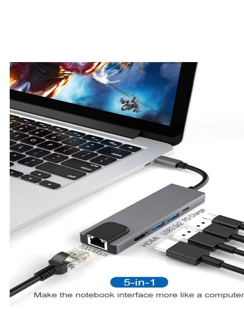 Generic - USB C Hub,Type C Hub,10/100Mbps Aluminum USB Ethernet Adapter with RJ45 Network LAN Port and 5 USB 2.0 Ports for PC, MacBook, Mac Pro, Mac Surface Pro, XPS, PC (5 in 1 USB C HUB+RJ45) - Image 1