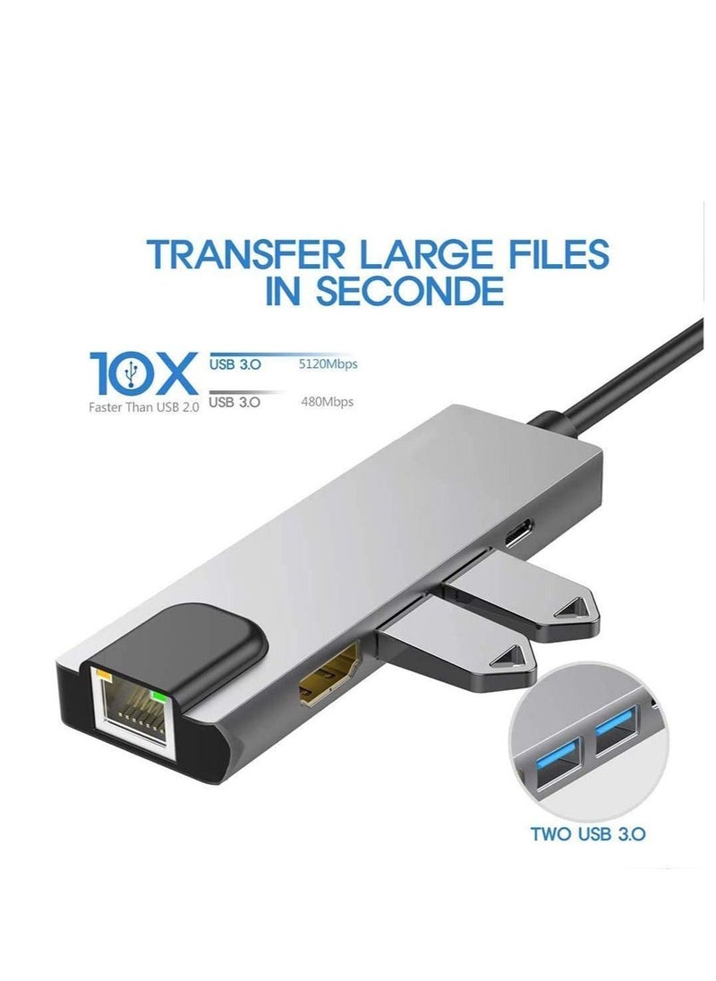 Generic - USB C Hub,Type C Hub,10/100Mbps Aluminum USB Ethernet Adapter with RJ45 Network LAN Port and 5 USB 2.0 Ports for PC, MacBook, Mac Pro, Mac Surface Pro, XPS, PC (5 in 1 USB C HUB+RJ45) - Image 1