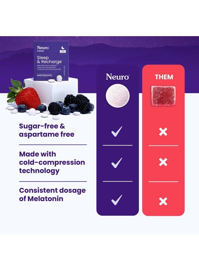 Neuro نعناع ذوبان النوم والاسترخاء - يحتوي على ميلاتونين 5 ملغ، بابونج وتوت البلسان - مساعدة سفر للاسترخاء الليلي ودورة نوم صحية - توت الليل 144، حبة - Image 3