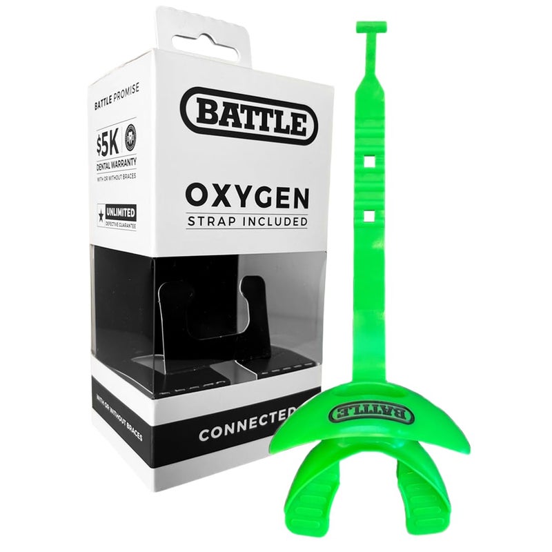 Battle Oxygen Lip Protector Mouth Guard with Connected Strap, Football and Sports Gear, Maximum Oxygen Supply, Mouthpiece Fits With or Without Braces - One Size, Neon Green - Image 1