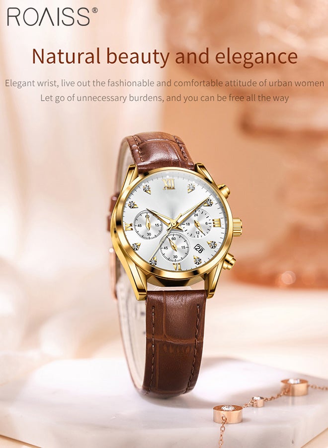 رويس ساعة كرونوغراف كوارتز بحزام جلدي للنساء، ساعة بقرص دائري مع عرض التاريخ، ساعة يد فاخرة مضيئة مقاومة للماء كهدية للسيدات - Image 3