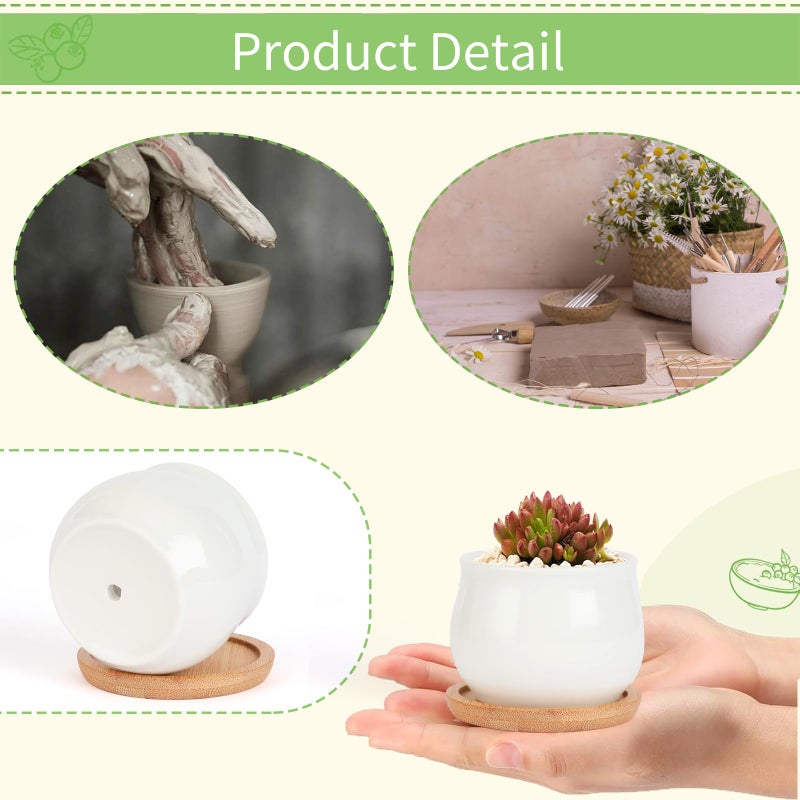 SHECIPIN Succulent Pots, White Mini 2.5 inch Ceramic Flower Planter Pot with Bamboo Tray, Pack of 12 - Plants Not Included - Image 5