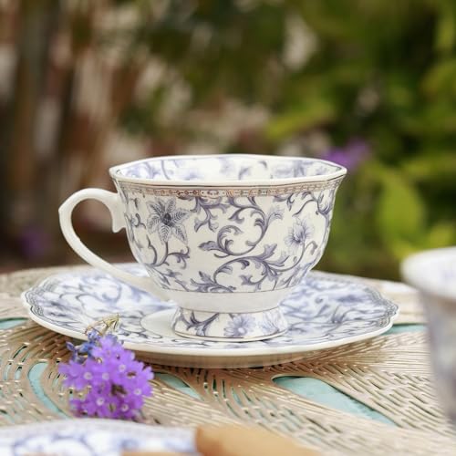 Vigneto Floral Royal Blue Cup and Saucer Set (Vintage Collection) for Tea/Coffee/Hot Drinks | Set of 6 Cup & 6 Saucers, 210 ML | Finest Premium Porcelain | Lead Free | Scratch Resistant | Chip Resistant - Image 1
