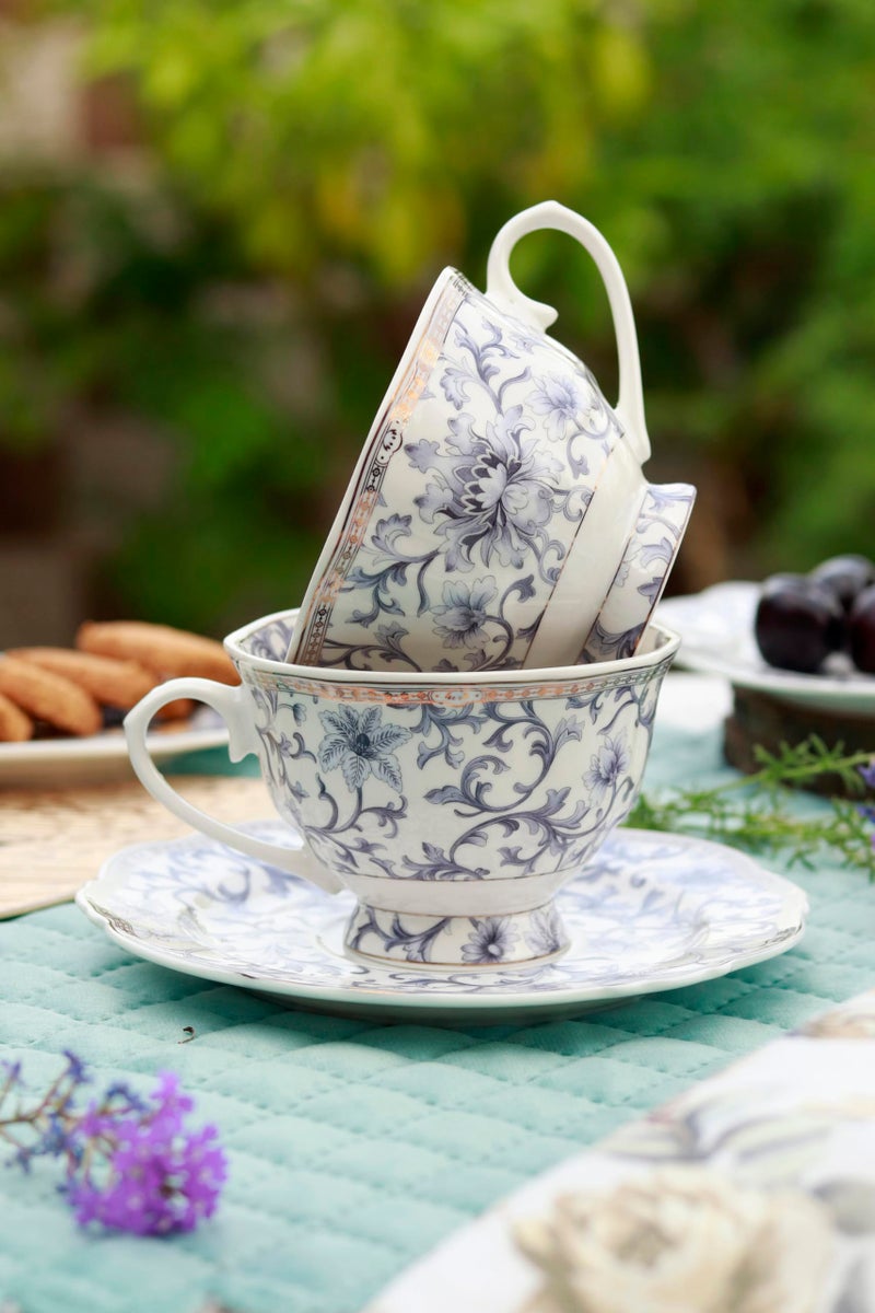 Vigneto Floral Royal Blue Cup and Saucer Set (Vintage Collection) for Tea/Coffee/Hot Drinks | Set of 6 Cup & 6 Saucers, 210 ML | Finest Premium Porcelain | Lead Free | Scratch Resistant | Chip Resistant - Image 5