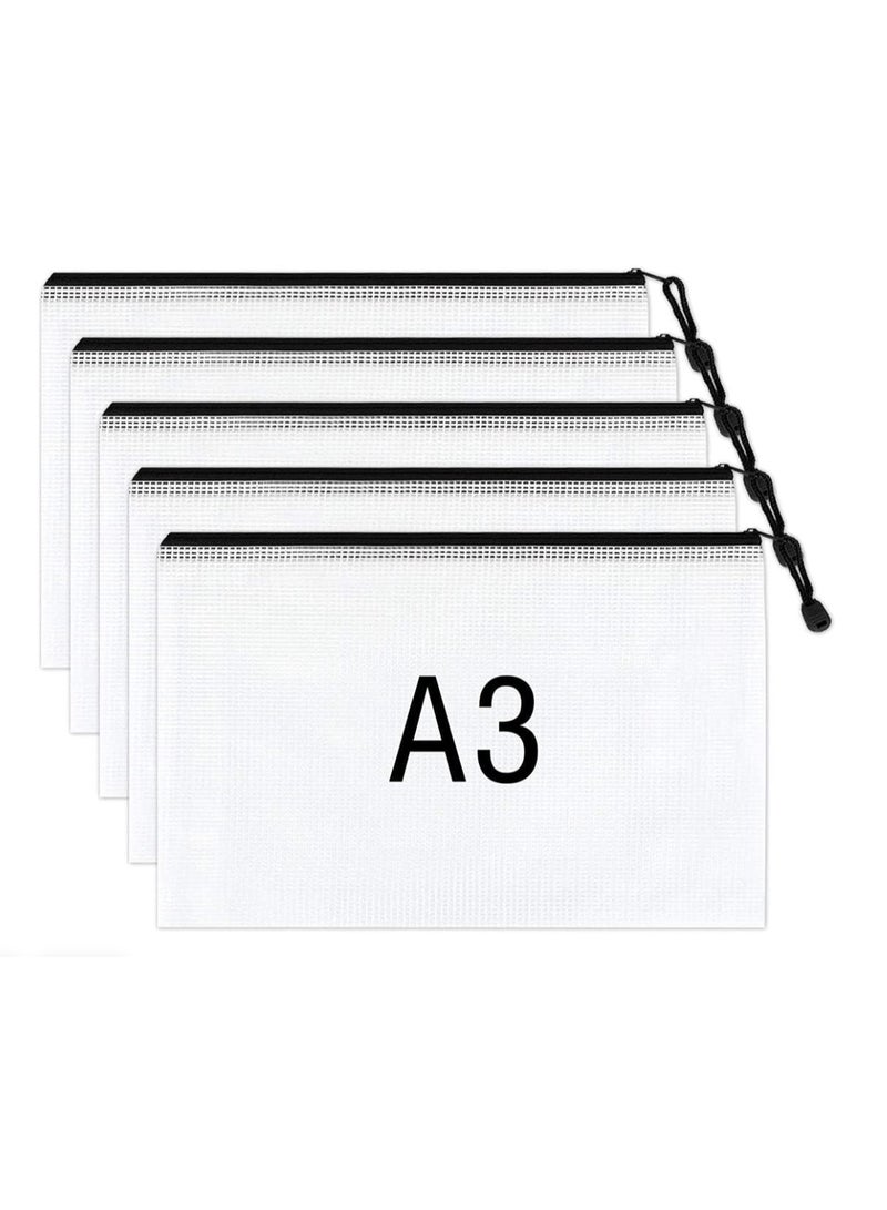 ELECDON A3 Size Zipper Pouch, Extra Thick, File Folder, Mesh Zipper Bags, Plastic Waterproof Document Pouch for Office  School Supplies and Cosmetics Travel Accessories(5Pcs), Black - Image 1