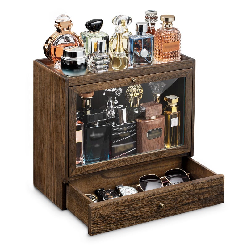 Emfogo Cologne Organizer for Men, Solid Wood Perfumes Organizer for Men Dresser, Large Capacity Dustproof Cologne Holder with Drawer Storage Perfume Stand Organizer, Ideal Gift for Loved ones - Image 1