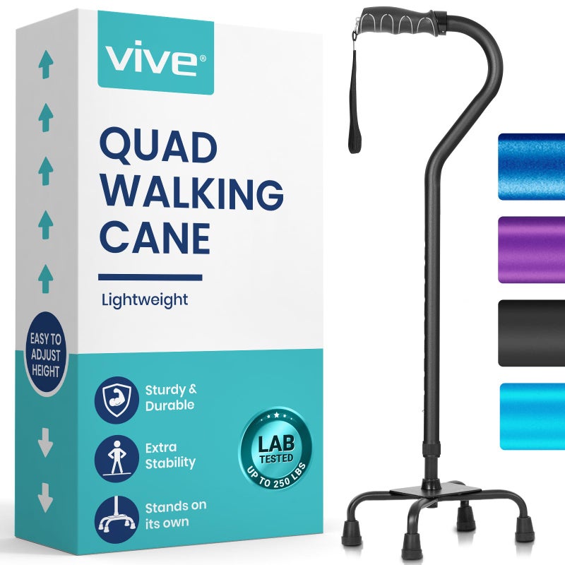 Vive Quad Cane Walking Stick for Men and Women Lightweight Adjustable Staff Comfortable Right and Left Hand Grip for Stability Support Four Prong Sturdy Aluminum Travel Aid 4 Tip Black