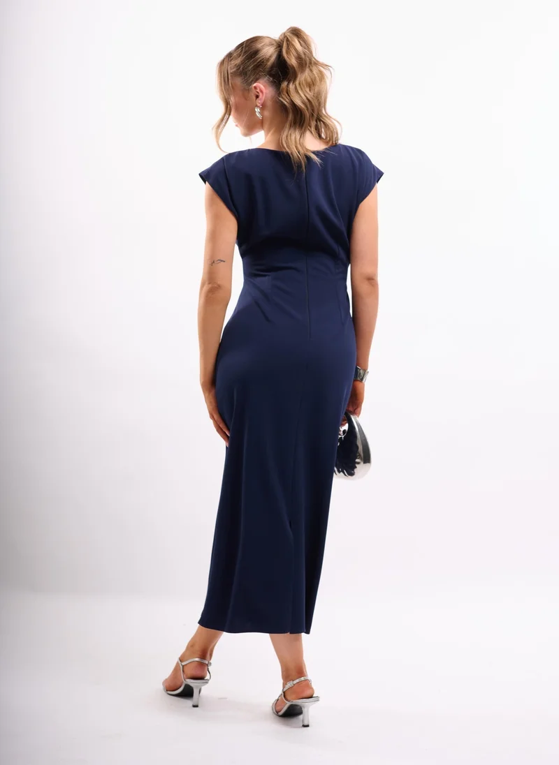 Faia navy blue Navy Midi Dress with Ruched Front Keyhole for Women | Best Price UAE