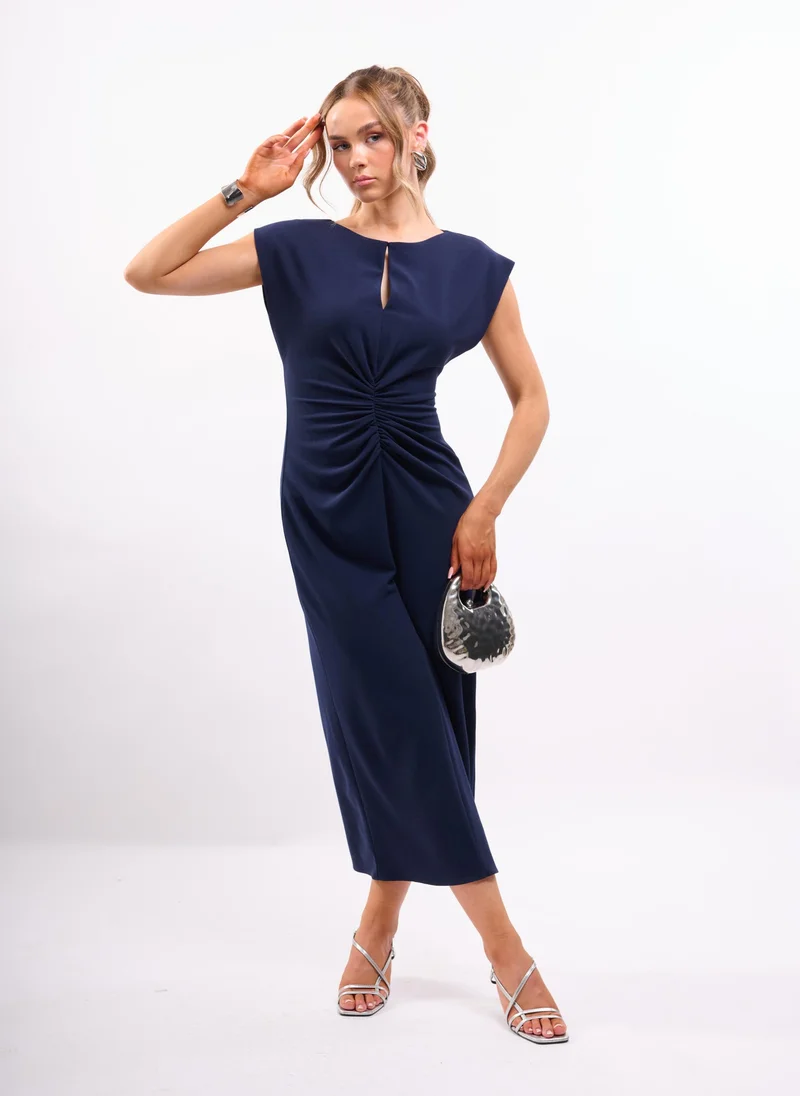 Faia navy blue Navy Midi Dress with Ruched Front Keyhole for Women | Best Price UAE