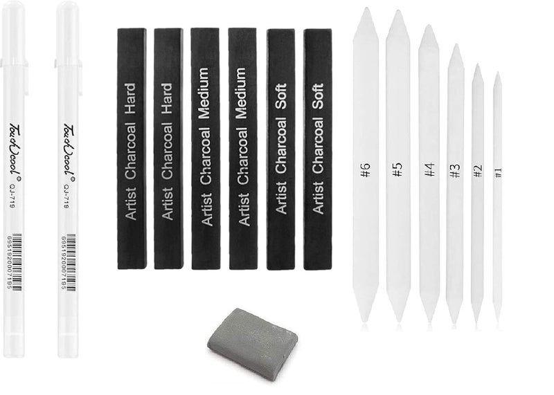 Definite قلم أبيض فني للتأمل والتسليط، أقلام فحم مضغوطة، أسطوانات دمج ورقية وممحاة قابلة للعجن واحدة - Image 1