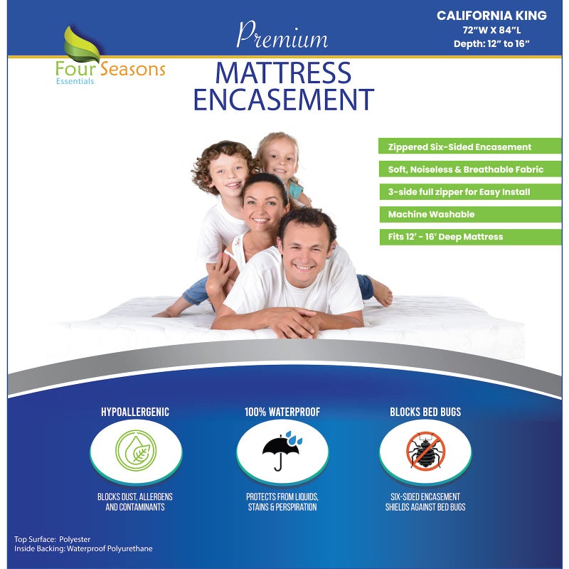 Four Seasons Essentials California King Size Mattress Protector Bed Bug Waterproof Zippered Cover - Hypoallergenic Premium Quality Encasement Protects Against Liquids, Dust - Breathable, Noiseless Fabric  - Image 1