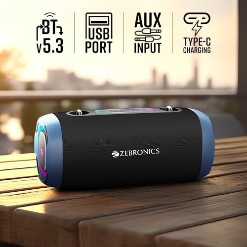 ZEBRONICS ساوند فيست 85، سماعة بلوتوث محمولة، 30 واط، حتى 7 ساعات تشغيل، رادياتور سلبي مزدوج، BTv5.3 | TWS | USB، RGB LED، وظيفة الاتصال، حزام حمل، بيز عميق (أزرق) - Image 4