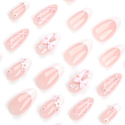 Foccna French Press on Nails Medium Rhinestone Pink Fake Nails Almond Bling Glossy 3D Flower False Nail Tips Artificial Nails Finger Manicure for Women&Girls -24 pcs - Image 4