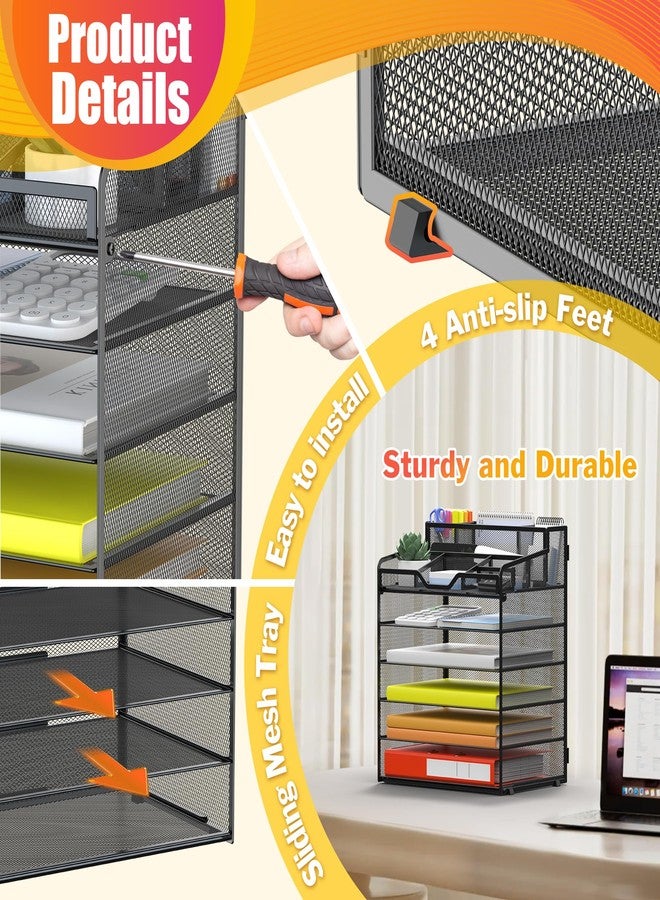 Docnest 6 Tier Mesh Desk Organizer for Paper Office Supplies - Multi-Functional Letter Tray with 5 Adjustable Compartments, 3 Pen Holders, Desktop Storage for Files, Mail, Stationery - Black - Image 5