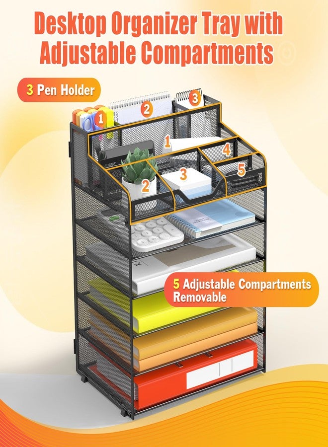 Docnest 6 Tier Mesh Desk Organizer for Paper Office Supplies - Multi-Functional Letter Tray with 5 Adjustable Compartments, 3 Pen Holders, Desktop Storage for Files, Mail, Stationery - Black - Image 4