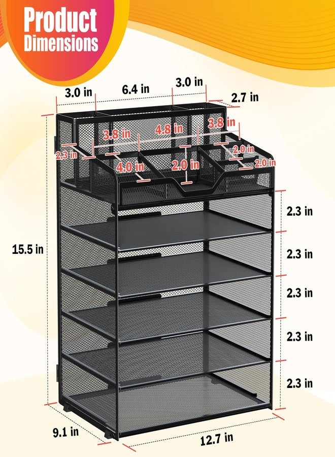 Docnest 6 Tier Mesh Desk Organizer for Paper Office Supplies - Multi-Functional Letter Tray with 5 Adjustable Compartments, 3 Pen Holders, Desktop Storage for Files, Mail, Stationery - Black - Image 3