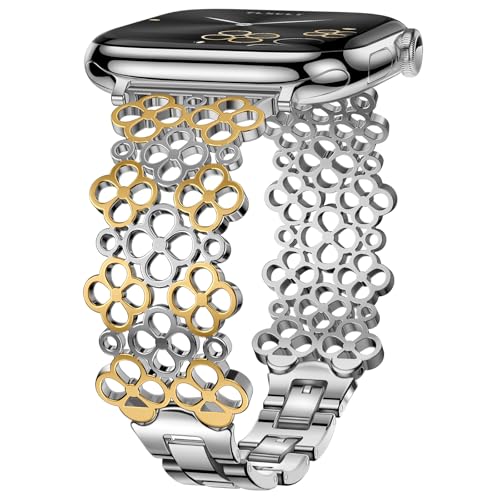 Tlselt Metal Bands Compatible with Apple Watch 38mm 40mm 41mm 42mm 44mm 45mm 46mm 49mm for Women, Lucky Clover Bracelets Dressy Stainless Steel Strap for iWatch Series 11 10 9 8 7 6 5 4 3 SE Ultra - Image 1