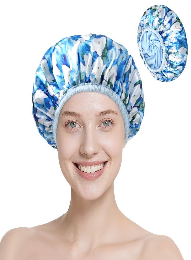 CHFONG Upgraded Waterproof Terry Shower Caps, Reusable Shower Cap for Women with Long Hair, Soft Absorbent Hair-Protecting Towel Lining Bath Cap, Large Leak-Proof Hair Cap with Fashionable Print Outer-Blue - Image 1