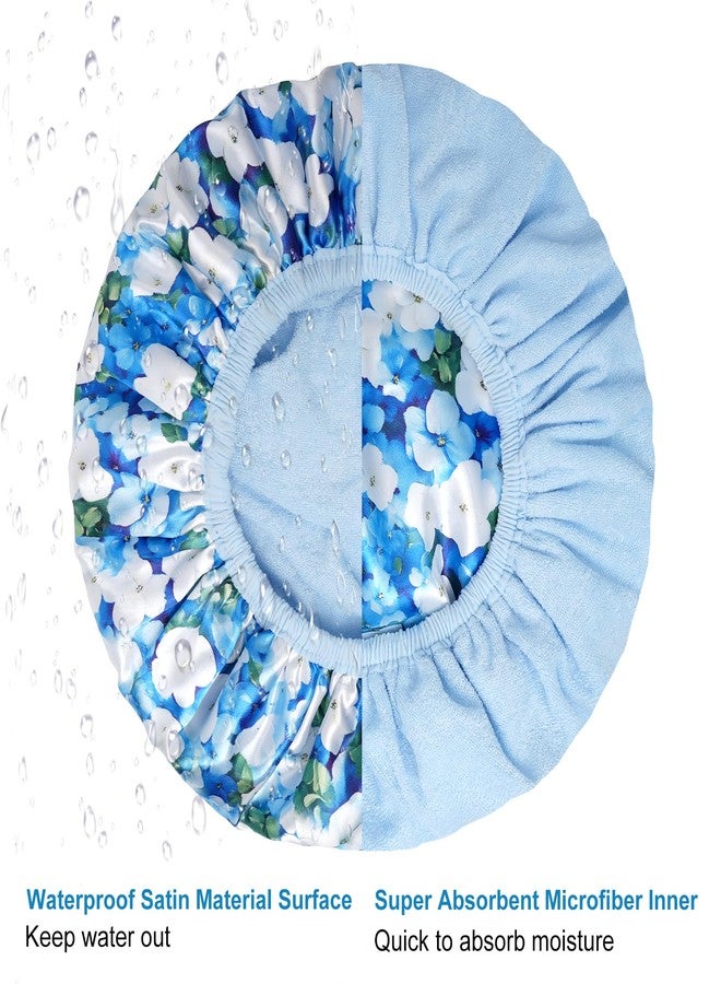 CHFONG Upgraded Waterproof Terry Shower Caps, Reusable Shower Cap for Women with Long Hair, Soft Absorbent Hair-Protecting Towel Lining Bath Cap, Large Leak-Proof Hair Cap with Fashionable Print Outer-Blue - Image 5