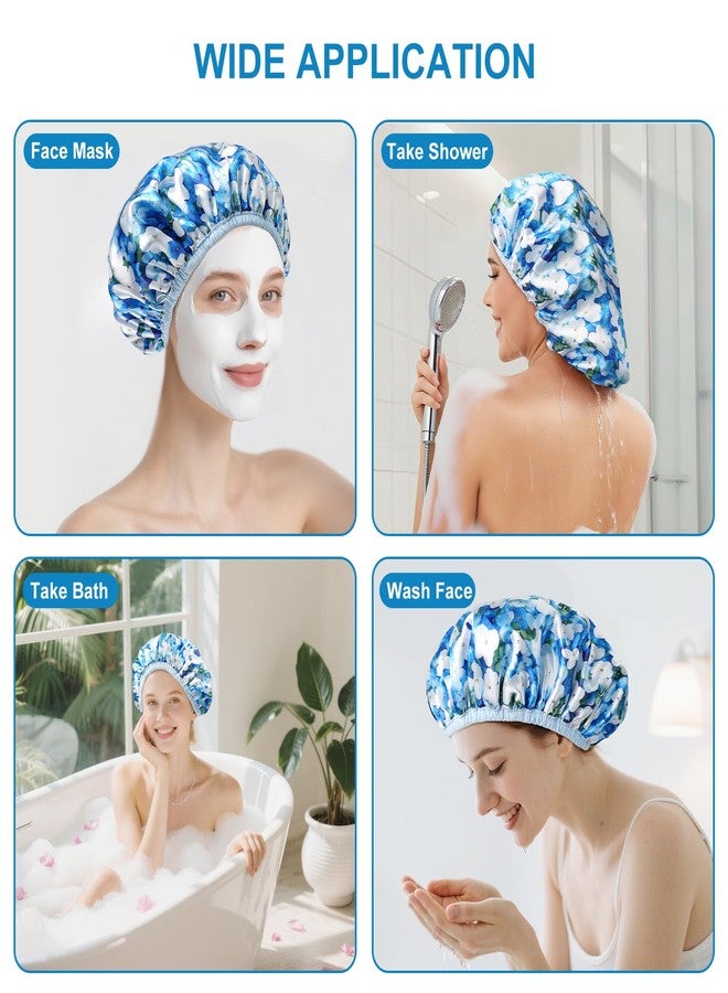 CHFONG Upgraded Waterproof Terry Shower Caps, Reusable Shower Cap for Women with Long Hair, Soft Absorbent Hair-Protecting Towel Lining Bath Cap, Large Leak-Proof Hair Cap with Fashionable Print Outer-Blue - Image 4