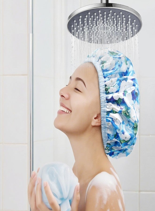 CHFONG Upgraded Waterproof Terry Shower Caps, Reusable Shower Cap for Women with Long Hair, Soft Absorbent Hair-Protecting Towel Lining Bath Cap, Large Leak-Proof Hair Cap with Fashionable Print Outer-Blue - Image 2