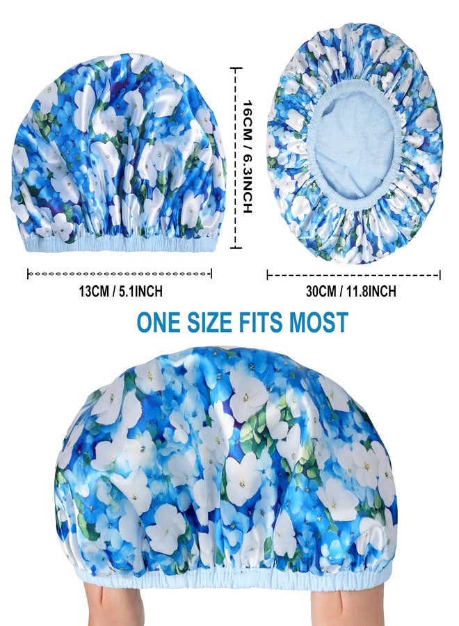CHFONG Upgraded Waterproof Terry Shower Caps, Reusable Shower Cap for Women with Long Hair, Soft Absorbent Hair-Protecting Towel Lining Bath Cap, Large Leak-Proof Hair Cap with Fashionable Print Outer-Blue - Image 3