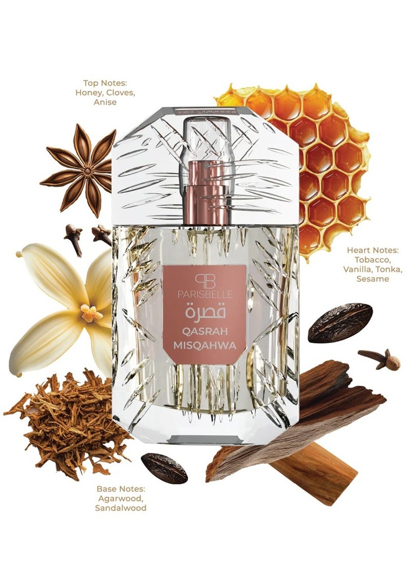 Parisbelle Qasrah MISQAHWA Eau de Parfum Unisex 100ml | Long Lasting Warm Spicy Oriental Fragrance | Honey Clove Tobacco Vanilla Oud Sandalwood Luxury Perfume for Men & Women - Image 3