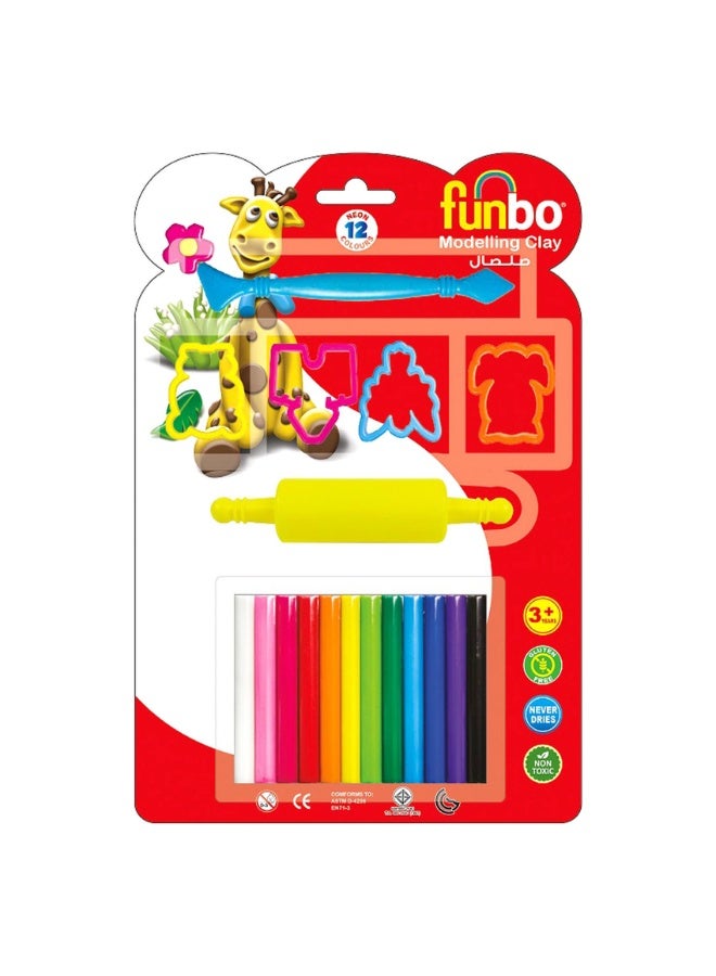 Funbo Modelling Clay, 100g, 12 Colours with Moulds, 4 PCS and Roller - Image 1