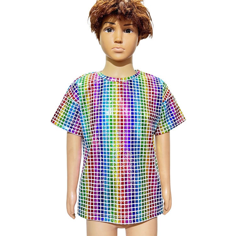 Checkered Laser Sequin Performance Clothing All-Match Short-Sleeve Adult Children Cheerleading T-Shirt - Image 5