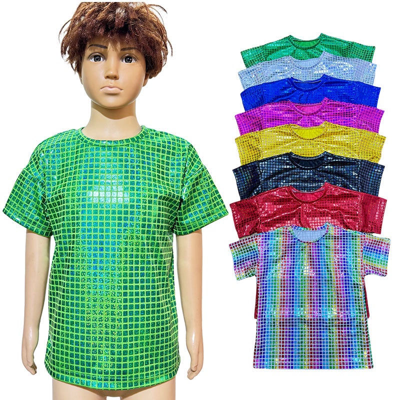 Checkered Laser Sequin Performance Clothing All-Match Short-Sleeve Adult Children Cheerleading T-Shirt - Image 2