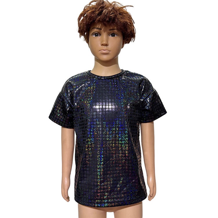Checkered Laser Sequin Performance Clothing All-Match Short-Sleeve Adult Children Cheerleading T-Shirt - Image 4