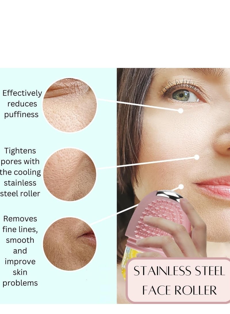 Plan A Ice Roller for Face, 3 in 1 Reusable Face Massage Roller with Shiny Metal Roller, Skin Tightening and Toning Tool with Brush to Cleanse Skin, Makeup Brushes, Remove Puffy Eye Bags, Add Healthy Glow - Image 5