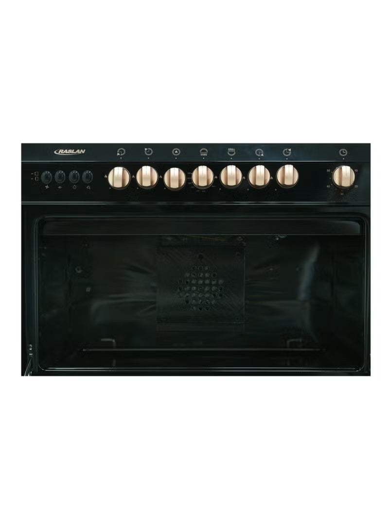 Ruslan 5-burner gas oven - 60 x 90 - stainless steel surface - black sides - fan for even heat distribution - rotating grill - automatic ignition - thermostat - timer - glass cover - golden handles - storage drawer - 9905RM-N - Image 3